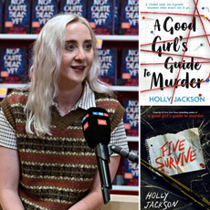 an image of author holly jackson speaking at a book event opposite a collage of her book covers for a good girls guide to murder and more
