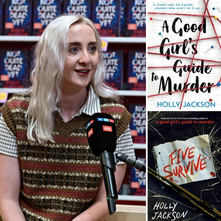 an image of author holly jackson speaking at a book event opposite a collage of her book covers for a good girls guide to murder and more