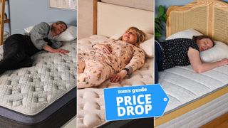 A college of three images of women laying on Helix mattresses. Women laying on her side on Midnight Luxe mattress. Woman laying on her back on Dusk Luxe mattress. Woman on her front on Dawn mattress.