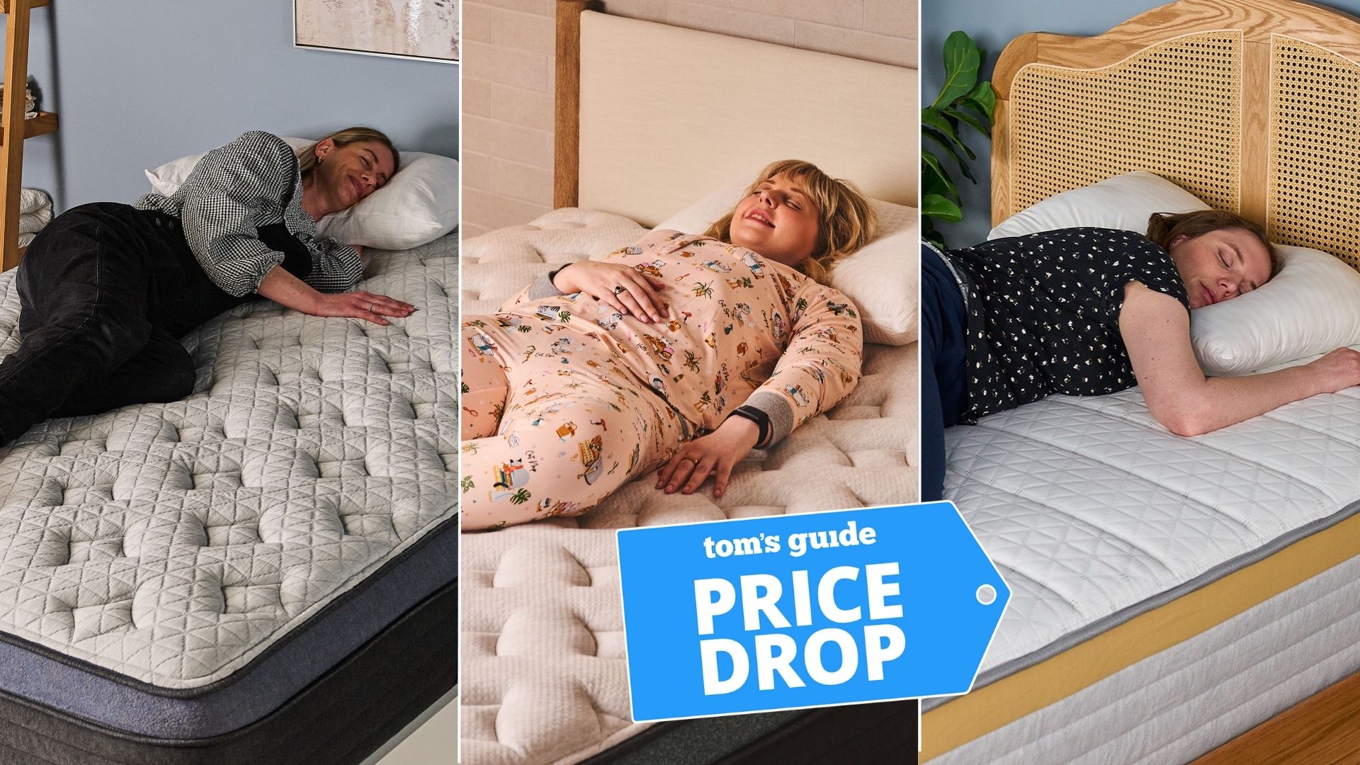 A college of three images of women laying on Helix mattresses. Women laying on her side on Midnight Luxe mattress. Woman laying on her back on Dusk Luxe mattress. Woman on her front on Dawn mattress.