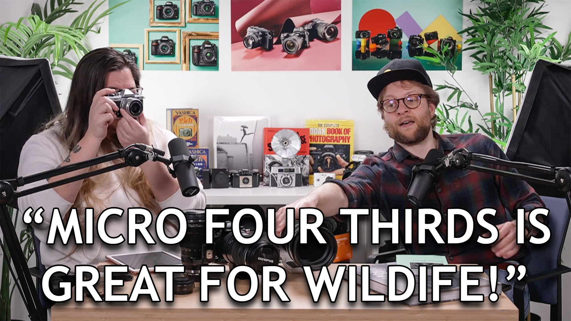 James Artaius and Mike Harris in the Bokeh Face studio, with the text "Micro Four Thirds is great for wildlife"