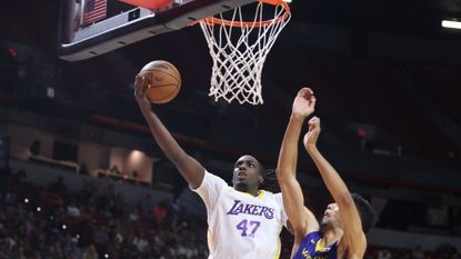 Arthur Kaluma of the Los Angeles Lakers shoots against Malevy Leons of the Golden State Warriors at the 2026 NBA Summer League semifinal game in July 2026 in Las Vegas, Nevada