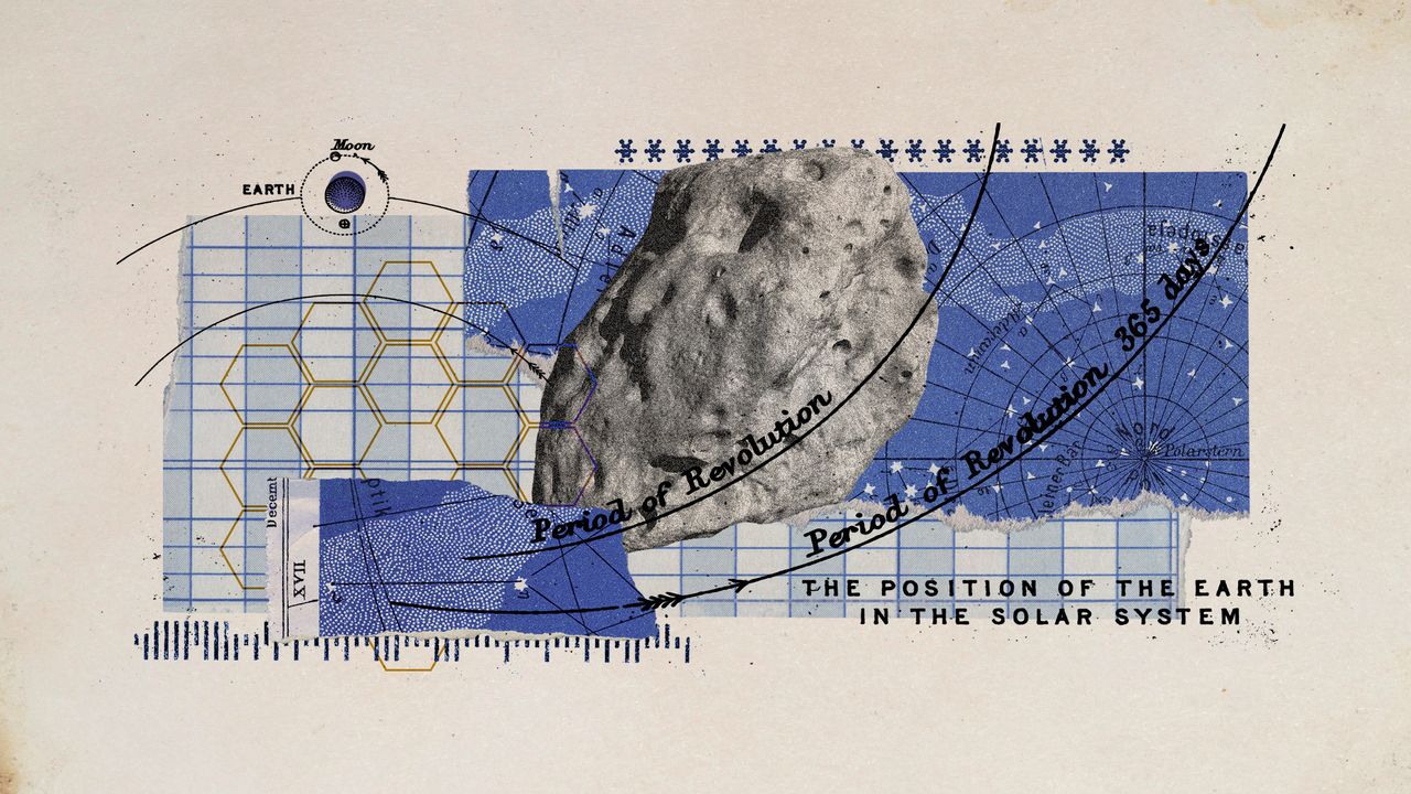 Photo collage of an asteroid, a vintage style map of the sky, and lines representing the Earth&#039;s orbit