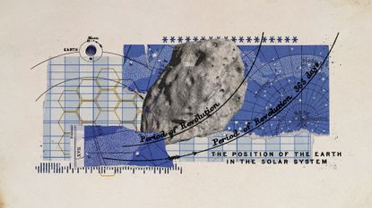 Photo collage of an asteroid, a vintage style map of the sky, and lines representing the Earth's orbit