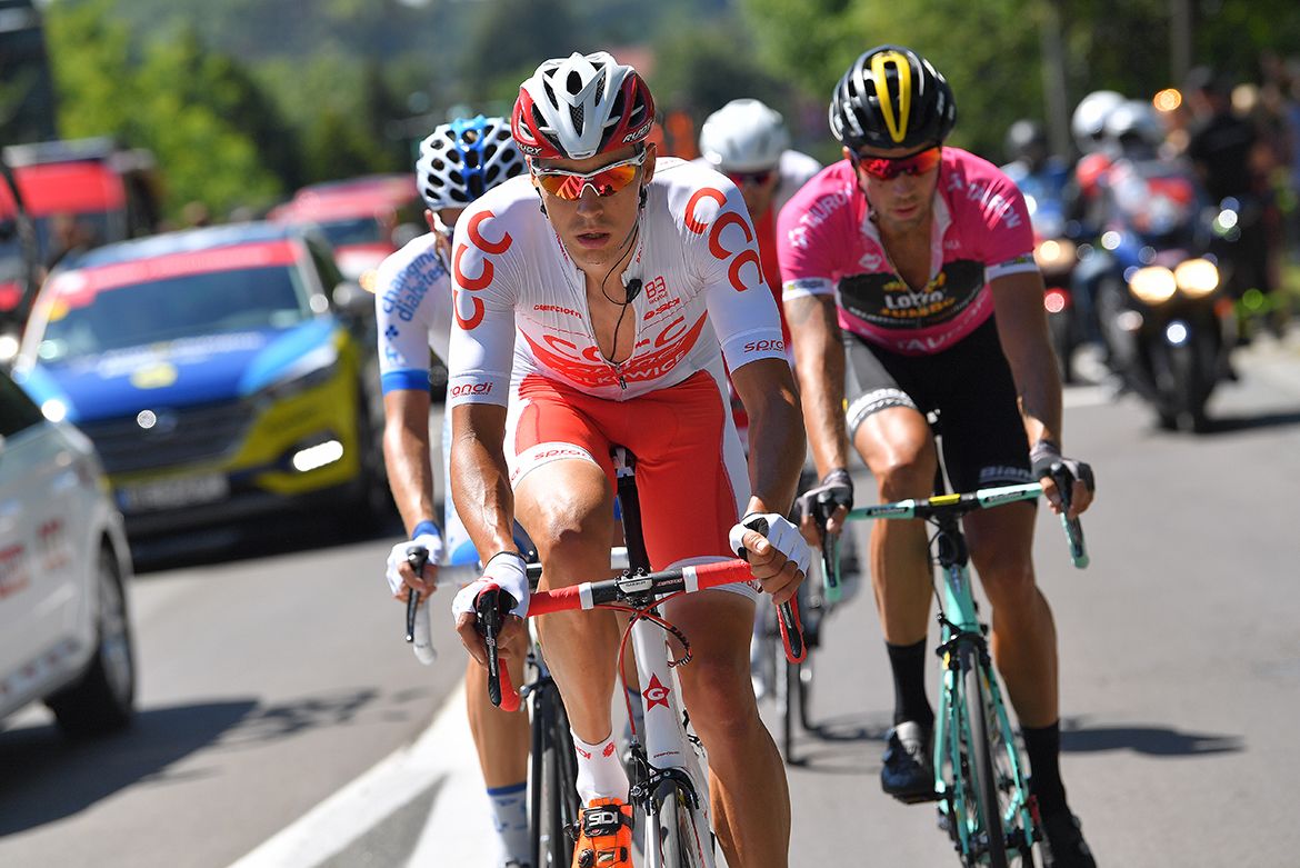 Adrian Kurek (CCC Sprandi Polkowice) leads the break.