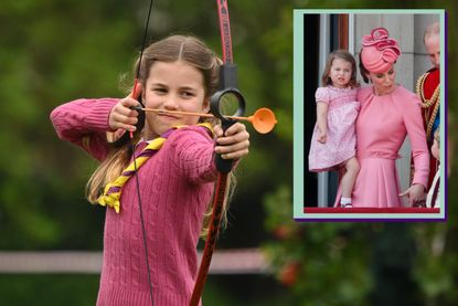 Princess Charlotte using bow and arrow main and drop in of her wearing smock dress