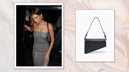 Hailey Bieber Aupen Bag: Hailey Bieber pictured wearing a grey, sparkly dress and a black Aupen Handbag at Rhode UK launch party at Chiltern Firehouse on May 17, 2023 in London, England/ alongside a product picture of the Aupen Purpose bag in a marbled template