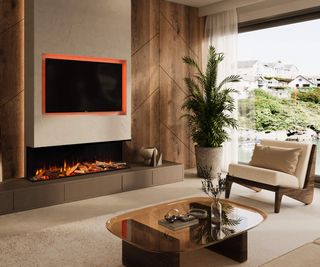 Large contemporary electric fire, from Charlton & Jenrick, with TV above in contemporary wood-clad room with large window overlooking the sea