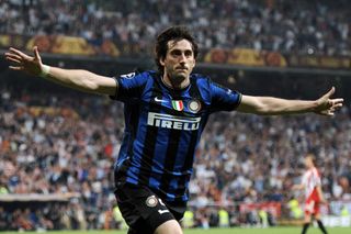 Diego Milito celebrates after scoring his second goal against Bayern Munich in the 2010 Champions League final.
