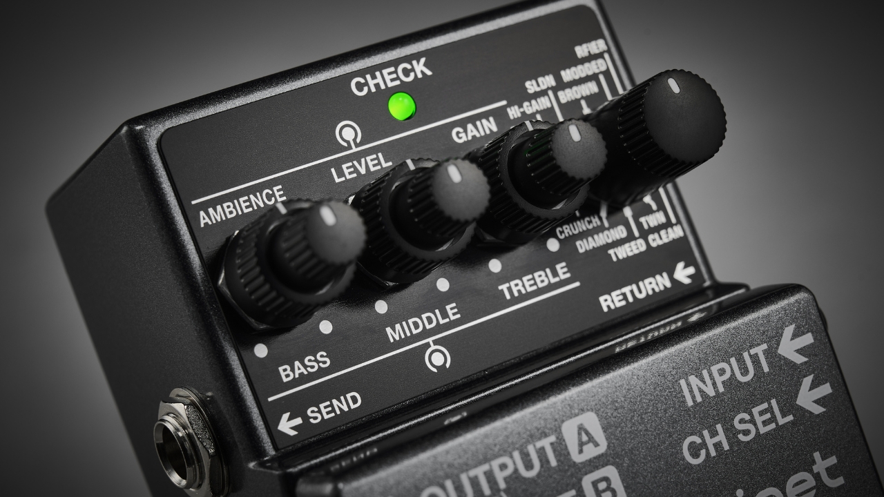 Close up of the controls on the Boss IR-2 amp modeller guitar pedal