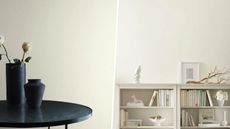 white wall with black round table with flower vases, white bookshelf with items displayed against white wall