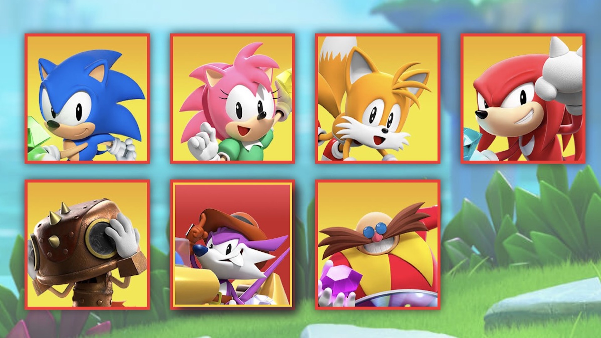 The character screen for Sonic Superstars, showing Sonic, Tails, Knuckles, Amy, Trip, Fang and Eggman