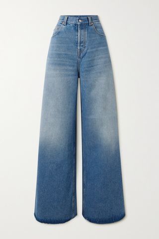 Horsebit-Detailed Frayed High-Rise Wide-Leg Jeans