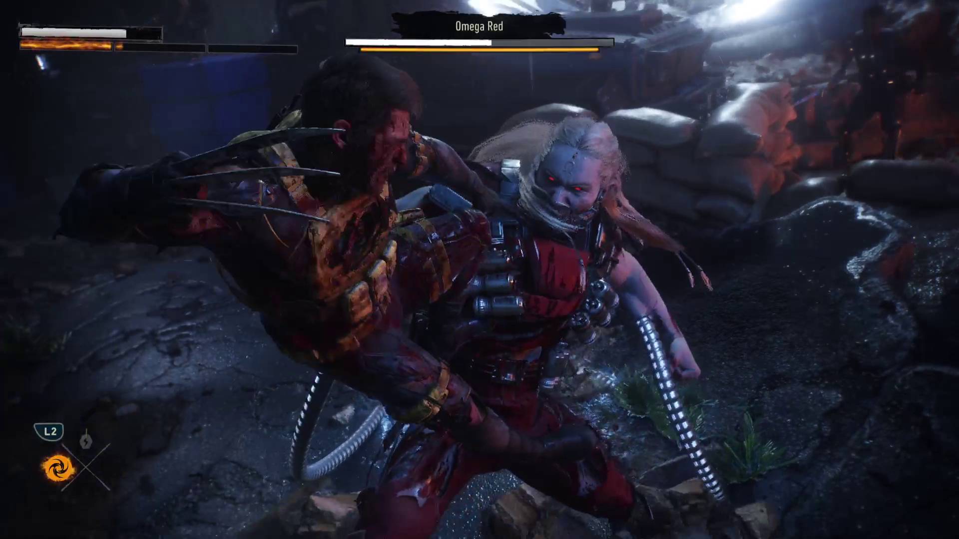 Marvel's Wolverine Omega Red boss fight Wolverine standing on Omega Red and stabbing him with claws