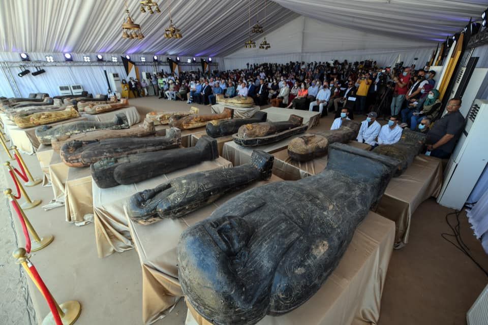 A photo showing some of the coffins that were discovered. The colors are remarkably well preserved despite the passage of time.