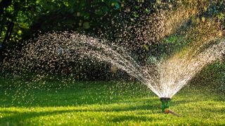 A lawn being watered by a sprinkler system