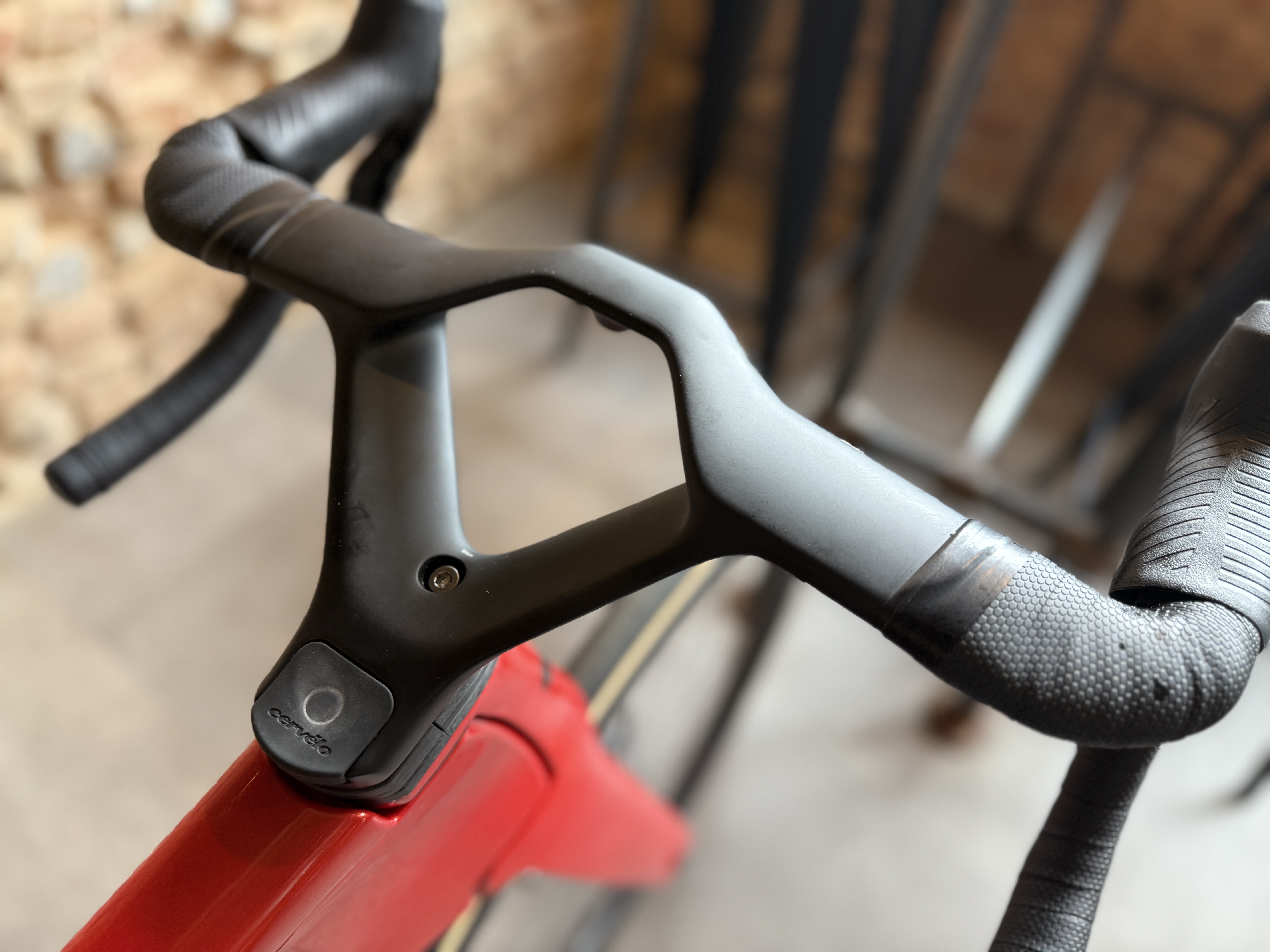 Various close up shots of the new Cervelo S5 aero road bike, shown in a cafe stop setting.
