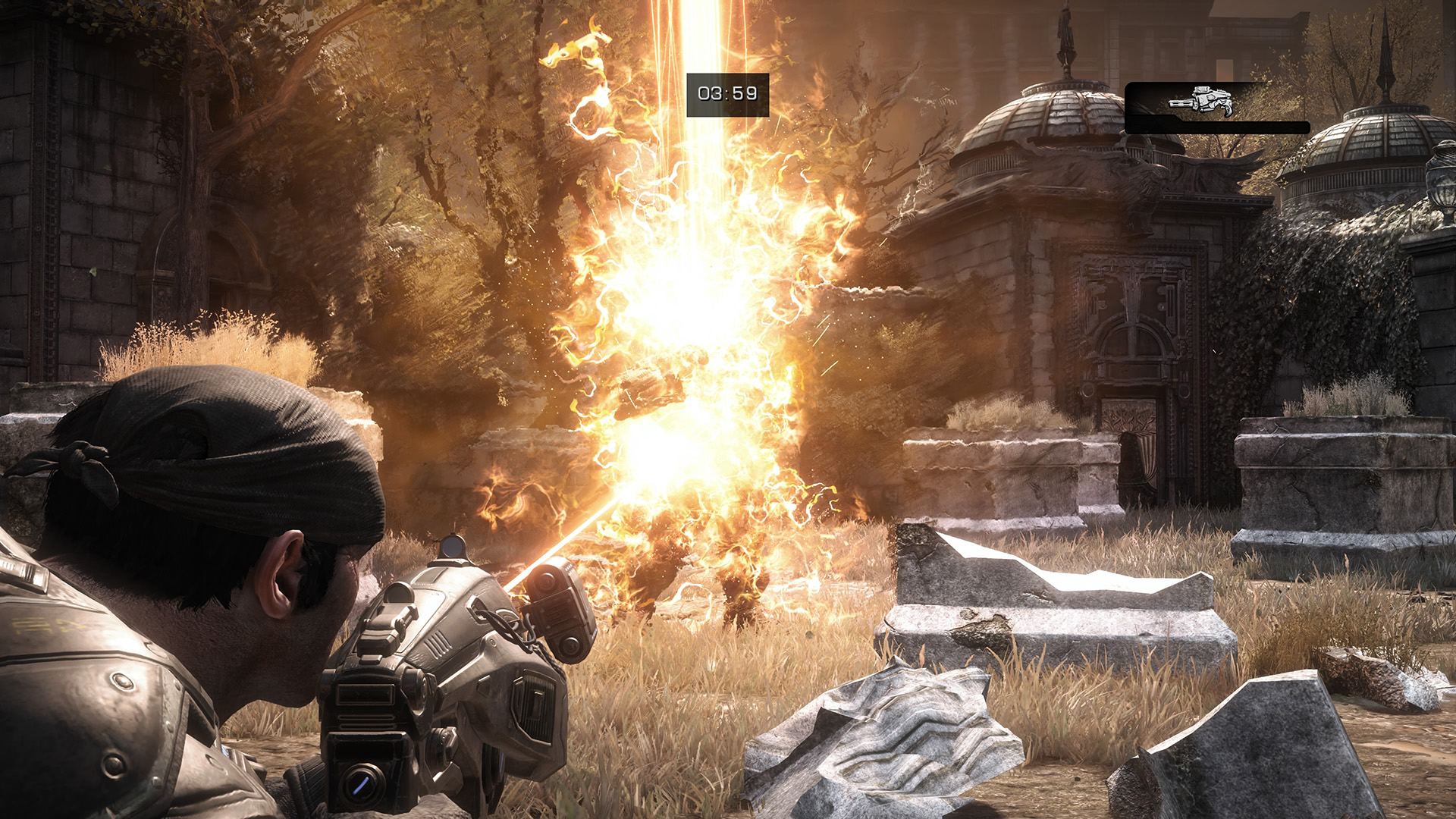 Marcus uses the Hammer of Dawn satellite laser in Gears of War: Reloaded to fry a Berserker