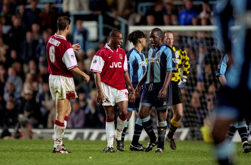 21 April 1997 Coventry - FA Carling Premiership - Coventry v Arsenal - Ian Wright of Arsenal and Paul Williams of Coventry City. (Photo by Mark Leech/Offside via Getty Images)