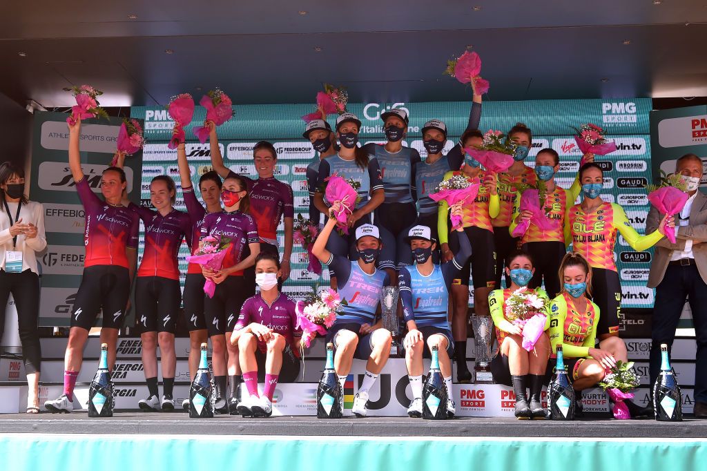 CUNEO ITALY JULY 02 Anna Van Der Breggen of Netherlands Ashleigh Moolman Pasio of South Africa Niamh FisherBlack of New Zealand Demi Vollering of Netherlands Elena Cecchini of Italy Chantal Van Den Broek Blaak of Netherlands and Team SD Worx 2nd place Lucinda Brand of Netherlands Elisabeth DeignanArmitstead of United Kingdom Elisa Longo Borghini of Italy Ellen Van Dijk of Netherlands Tayler Wiles of United States Ruth Winder of United States and Team Trek Segafredo stage winners Margarita Victoria Garcia Caellas of Spain Marta Bastianelli of Italy Laura Tomasi of Italy Marlen Reusser of Switzerland Tatiana Guderzo of Italy Anna Trevisi of Italy and Team Ale Btc Ljubljana 3rd place celebrates at podium during the 32nd Giro dItalia Internazionale Femminile 2021 Stage 1 a 267 Team Time Trial stage from Fossano to Cuneo 540m TTT GiroDonne UCIWWT on July 02 2021 in Cuneo Italy Photo by Luc ClaessenGetty Images