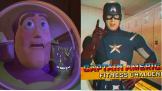 Buzz Lightyear in Toy Story and Chris Evans in fitness challenge video in Spider-Man: Homecoming