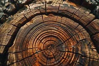 Un primer plano de un tocón de árbol con anillos distintivos.