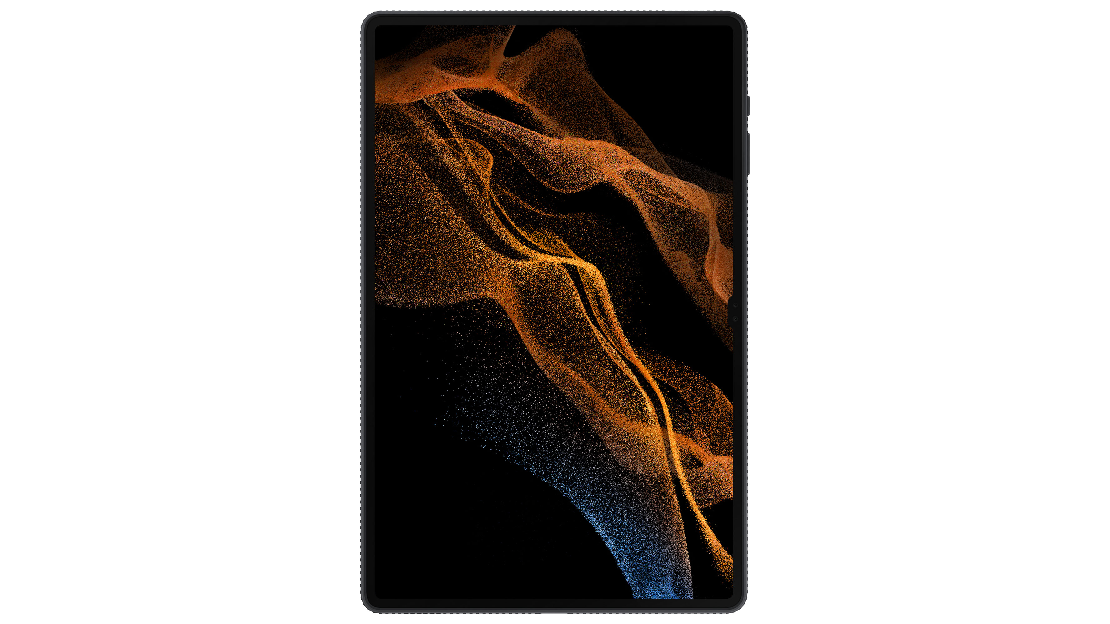Galaxy Tab S8 in a portrait orientation with the screen on, against a white background