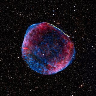 This is a composite image of the SN 1006 supernova remnant, which is located about 7,000 light-years from Earth.