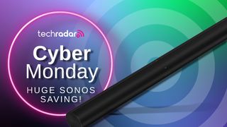 Sonos Arc on colorful background with TR's Sonos Cyber Monday savings bage