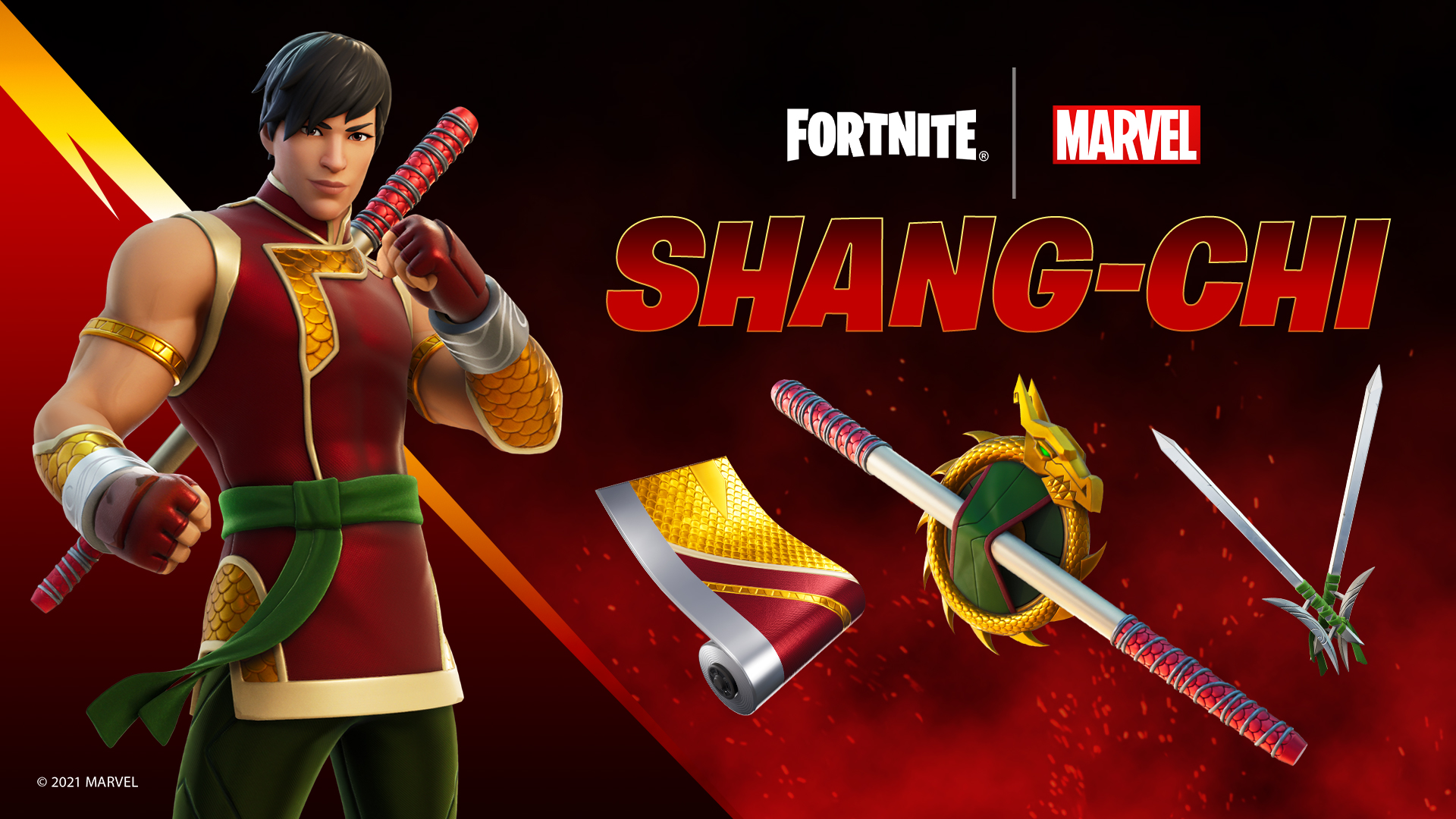 The Shang-Chi Fortnite Skin on a bed backdrop next to his dragon inspired weapons, and red and gold weapon wrap.