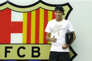 Neymar at Camp Nou for his Barcelona unveiling in 2013.