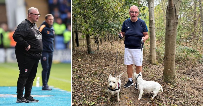 Steve Evans the head coach / manager of Rotherham United during the Sky Bet League One match between Shrewsbury Town FC and Rotherham United FC at Montgomery Waters Meadow on September 28, 2024 in Shrewsbury, England [left]. Steve Evans walking his dogs following his seven stone