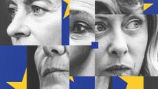 Photo composite of Ursula von der Leyen, Giorgia Meloni, Marine Le Pen and an EU flag