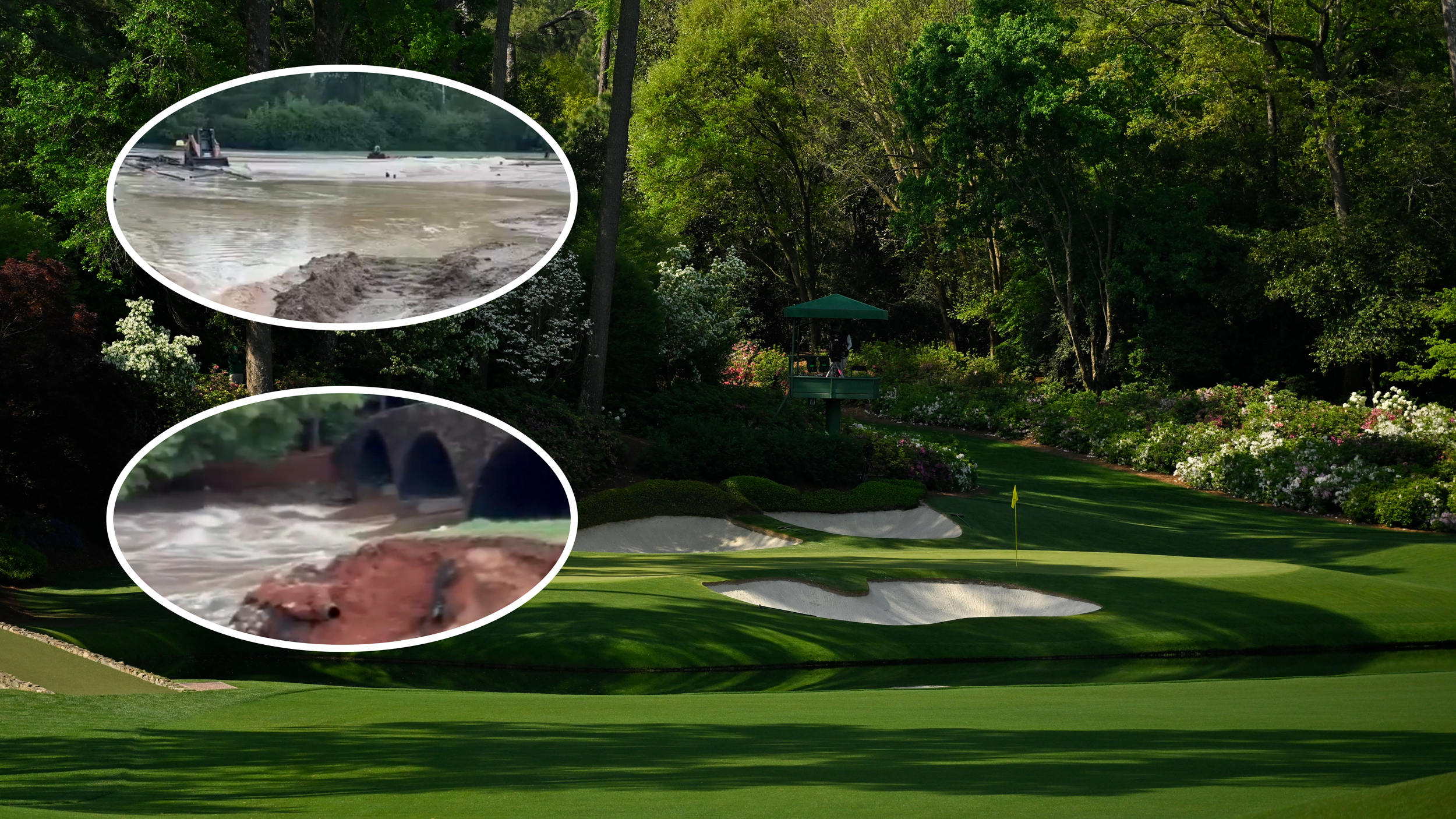 Augusta National and insets of flood damage at the venue 