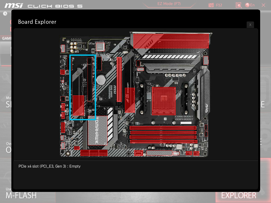 Captura de pantalla del BIOS MSI MAG B550 Tomahawk que muestra los zócalos PCIe y M.2