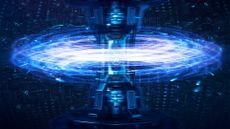 Nuclear fusion mock-up image showing blue-colored energy flow circling around a central reactor.