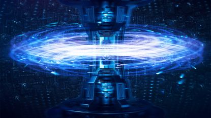 Nuclear fusion mock-up image showing blue-colored energy flow circling around a central reactor.