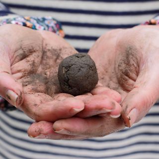 woman holding ball of clay soil in her hands striped t-shirt