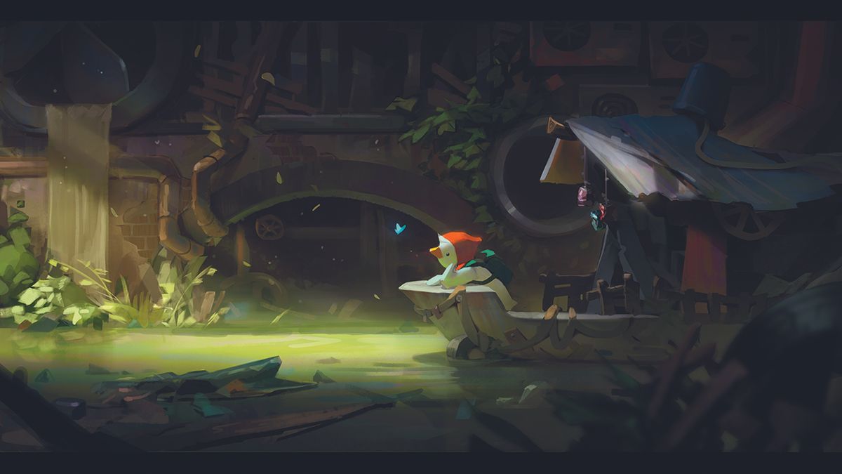 Keyframe de momento íntimo para Pepo, o pato animado, enquanto empreende nova jornada. Integralmente pintado em Photoshop