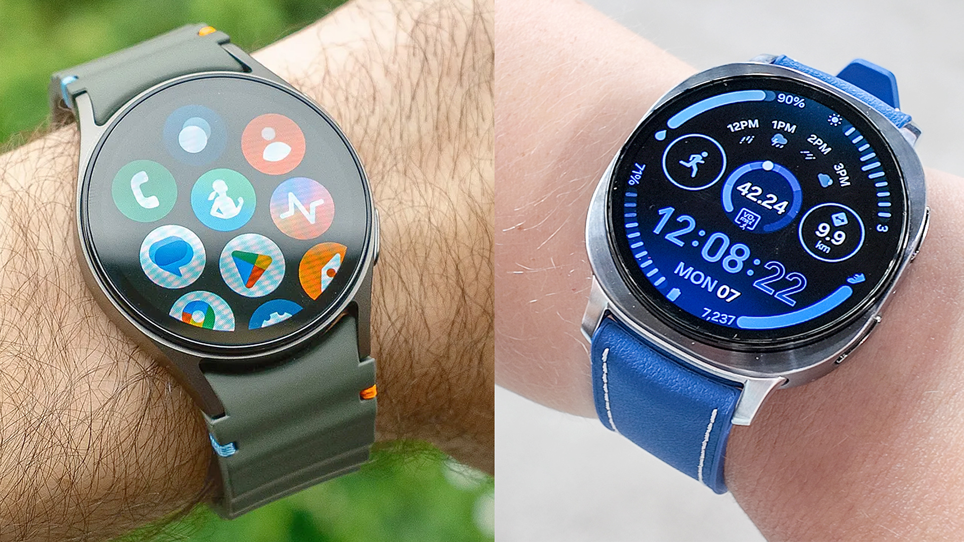 Split screen image showing the Samsung Galaxy Watch 7 up close on a user's wrist on the left and the Galaxy Watch 8 also up close on the wrist on the right
