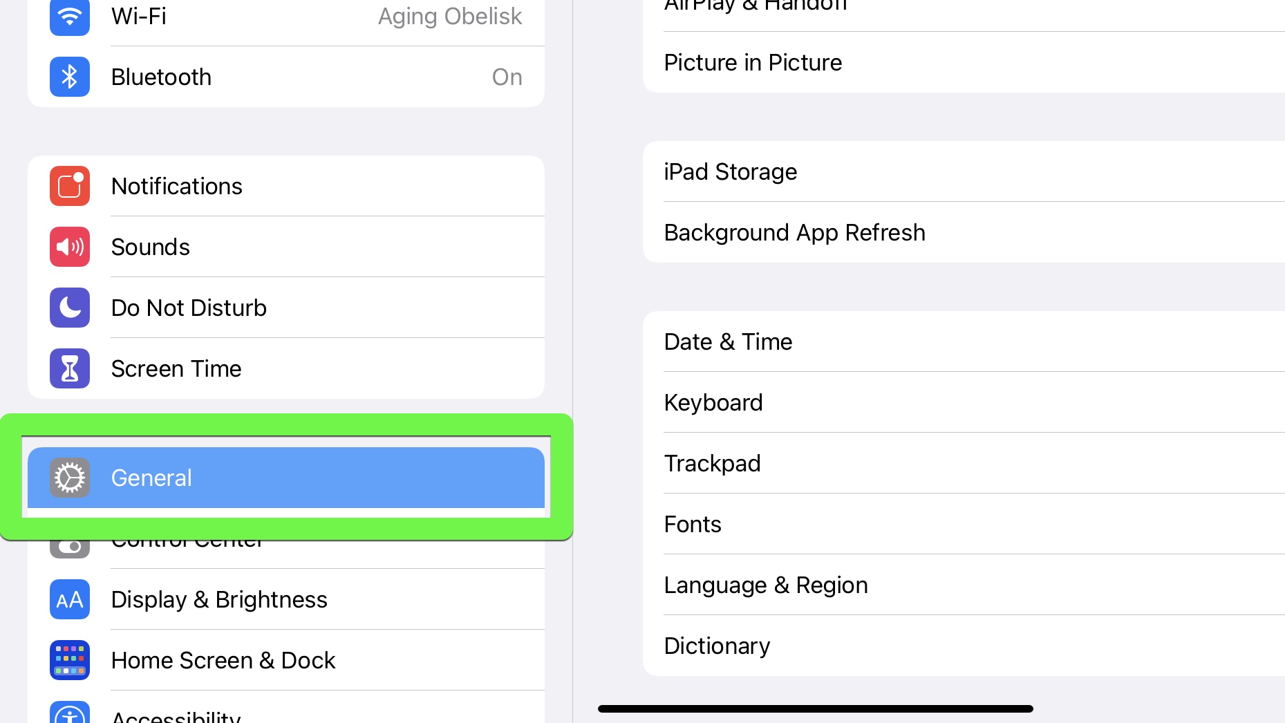 The Settings app with General highlighted