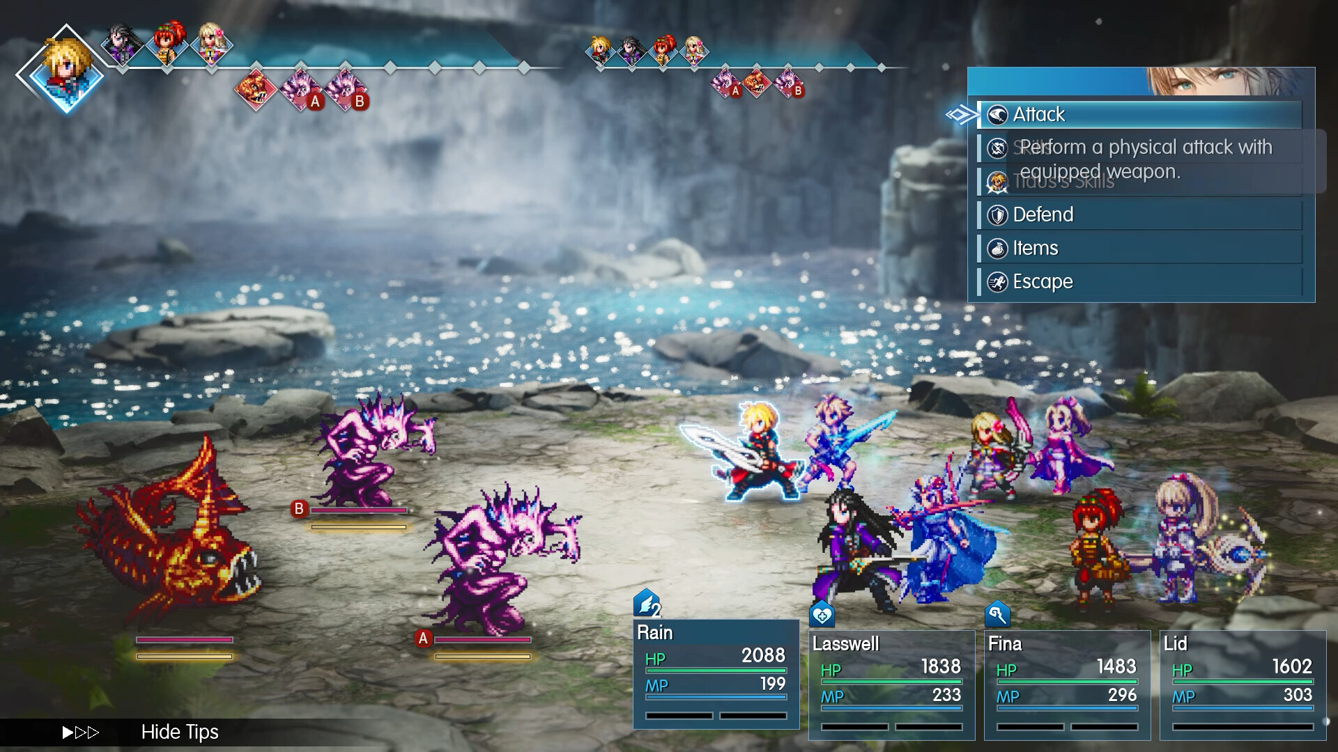A fantasy RPG battle scene with four colorful characters facing off against a red monster and two purple creatures in a rocky, mystical setting.