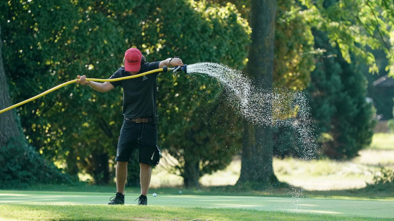 A greenkeeper watering a golf-course green