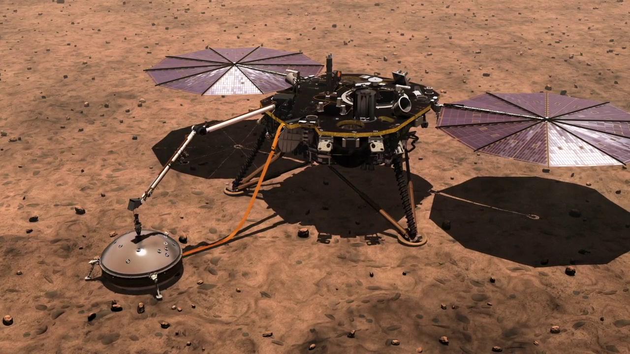 An artist's rendering of the InSight lander on Mars.