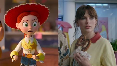 From left to right: Jessie looking shocked in Toy Story 5 and Taylor Swift holding a pretzel in the Opalite music video.