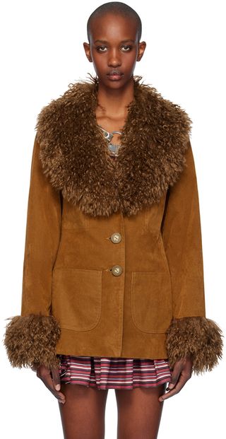 Tan Faux-Fur Trimmed Faux-Suede Jacket