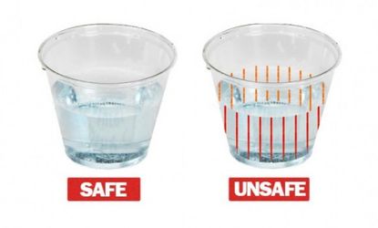 This rendering shows how the DrinkSavvy plastic party cup looks when it is safe and unsafe to drink from. 