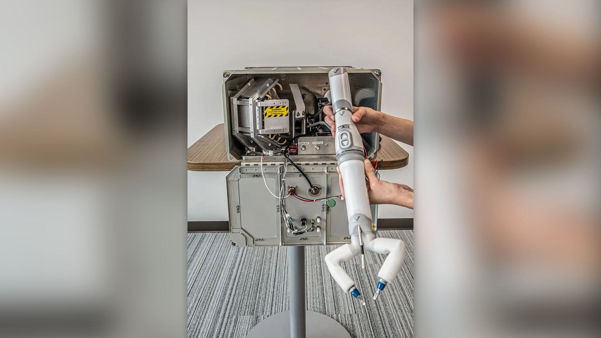 The robotic surgery device is shown outside of its investigation locker. The Robotic Surgery Tech Demo will test the performance of a small robot that can be remotely controlled from Earth to perform surgical procedures. Researchers plan to compare procedures in microgravity and on Earth to evaluate the effects of microgravity and time delays between space and ground.