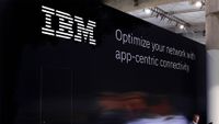 IBM branding and logo pictured on the company pavilion during the Mobile World Congress 2024 in Barcelona, Spain, on February 28, 2024.