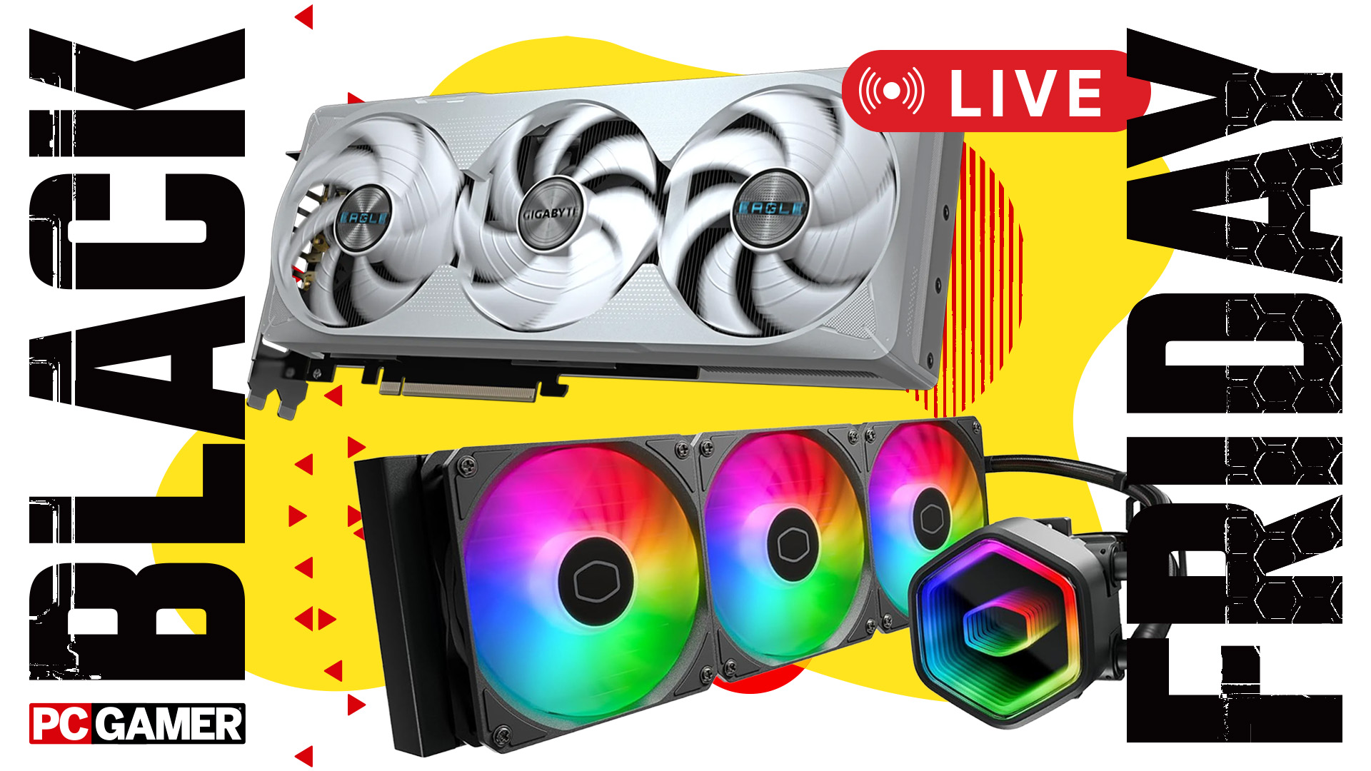 A graphics card and a liquid cooler on top of a yellow and red background with the PC Gamer logo and words &#039;Black&#039; and &#039;Friday&#039; on the side.